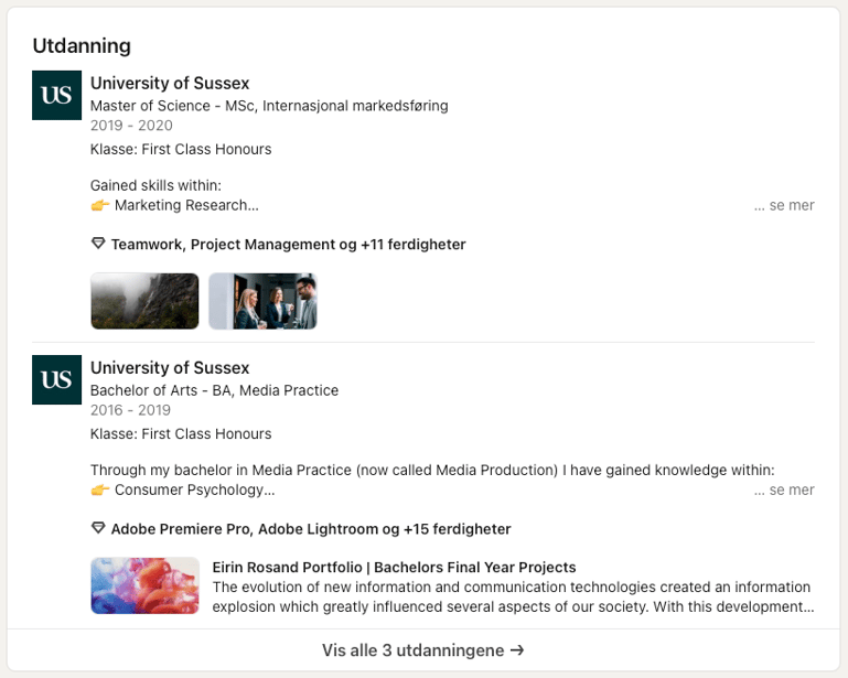 Eksempel på utdanning på LinkedIn