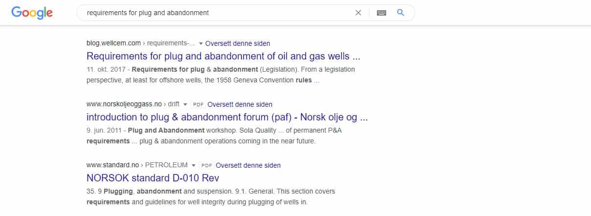 Metabeskrivelse søkeresultat requirements for plug and abandonment