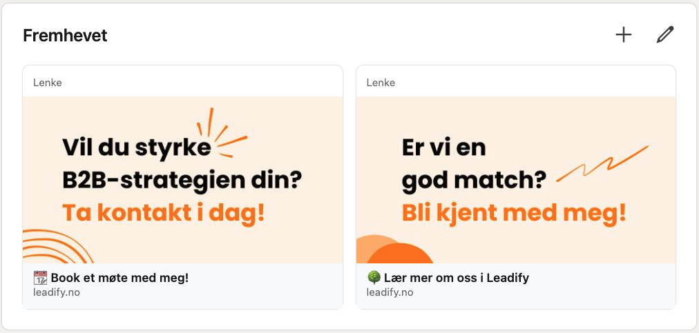 Eksempel på en ansatts fremhevet seksjon: møtebookingslenke og lenke til bedriftens nettside